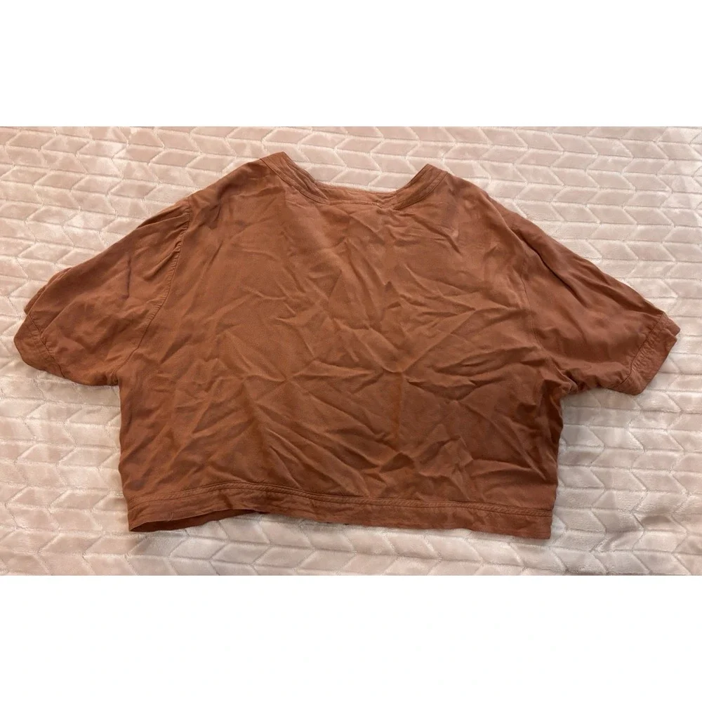 Whimsigoth Boho Smocked Crop Top Rust Brown Basketweave Shirt Y2K Style Women L - Picture 6 of 14
